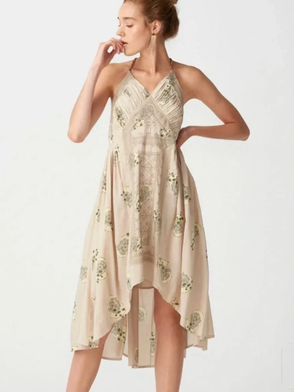 Free People Fauna Midi Dress- Cream Green Floral Hi-Low Halter